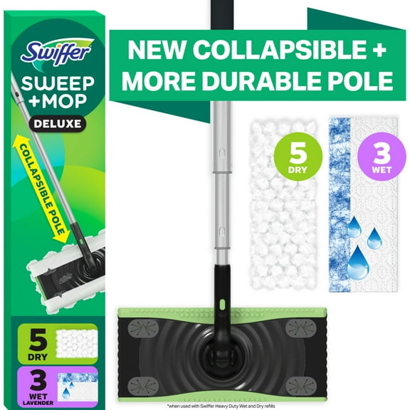 Swiffer Sweep and Mop Deluxe, 2-in-1 Mopping and Sweeping Kit, Multi-Surface Floor Cleaning, Kit Includes 1 Sweeper Device, 5 Heavy Duty Dry Sweeping Cloths, 3 Heavy Duty Wet Mopping Cloths