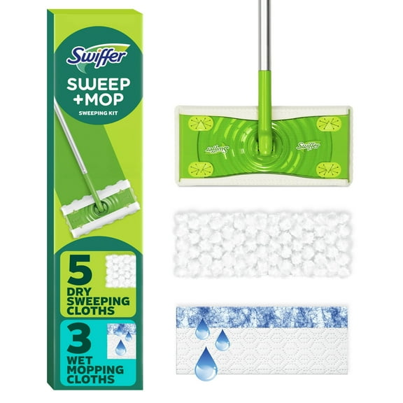 Swiffer Sweep & Mop Dry + Wet Floor Mopping and Sweeping Kit, 1 Device, 5 Dry Cloths, 3 Wet Cloths (3 Pack)