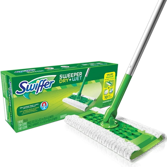 Swiffer Sweep and Mop 2-in-1 Dry + Wet Floor Mopping and Sweeping Kit (1 Sweeper, 5 Heavy Duty Dry Cloths, 3 Heavy Duty Wet Cloths)