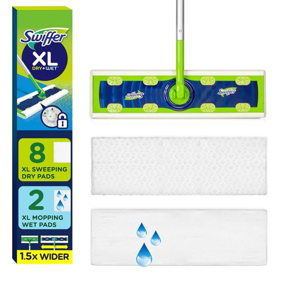 Swiffer Sweeper XL Kit with Dry & Wet Refills, Unscented, 1 Handle + 8 XL Dry pads & 2 XL Wet Pads