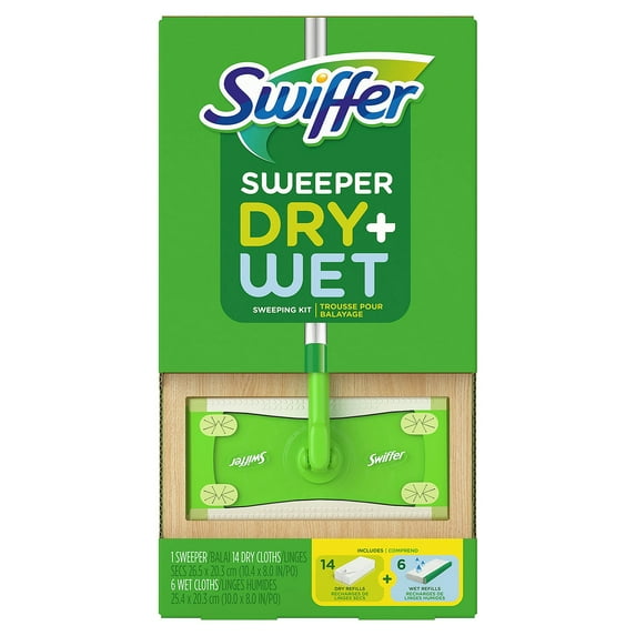 Swiffer Sweeper Dry and Wet sweeping kit with 1 sweeper, 14 dry cloths, and 6 wet cloths