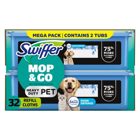 Swiffer Mop & Go Heavy Duty Pet Wet Refills, Odor Defense, 2x16 Count