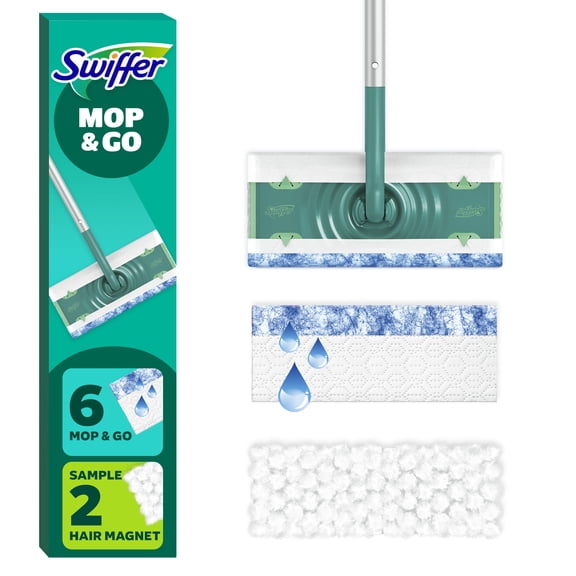 Swiffer Sweeper Kit with Dry & Wet Refills, Unscented, 1 Handle + 6 Heavy Duty Mop & Go & 2 Heavy Duty Hair Magnet Refills