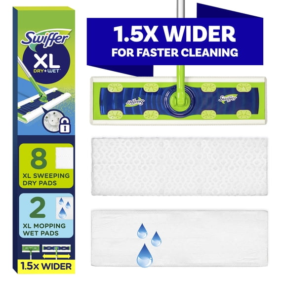 Swiffer Sweeper XL Wet + Dry Kit, 1 Sweeper, 8 Dry Sweeping Cloths, 2 Wet Mop Cloths