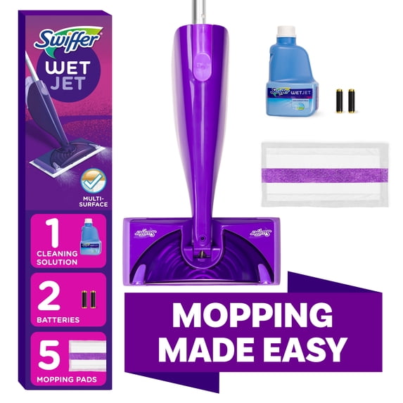 Swiffer Wet Jet with Refill, Unscented, 1 Handle + 1 Solution & 5 Pads (Battery Included)