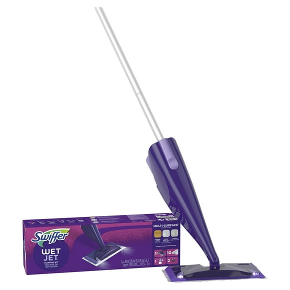 Swiffer WetJet Hardwood and Floor Spray Mop, All-In-One Mopping Cleaner Starter Kit, Includes: 1 WetJet, 10 Pads, Cleaning Solution & Batteries 16 Piece Set, Purple