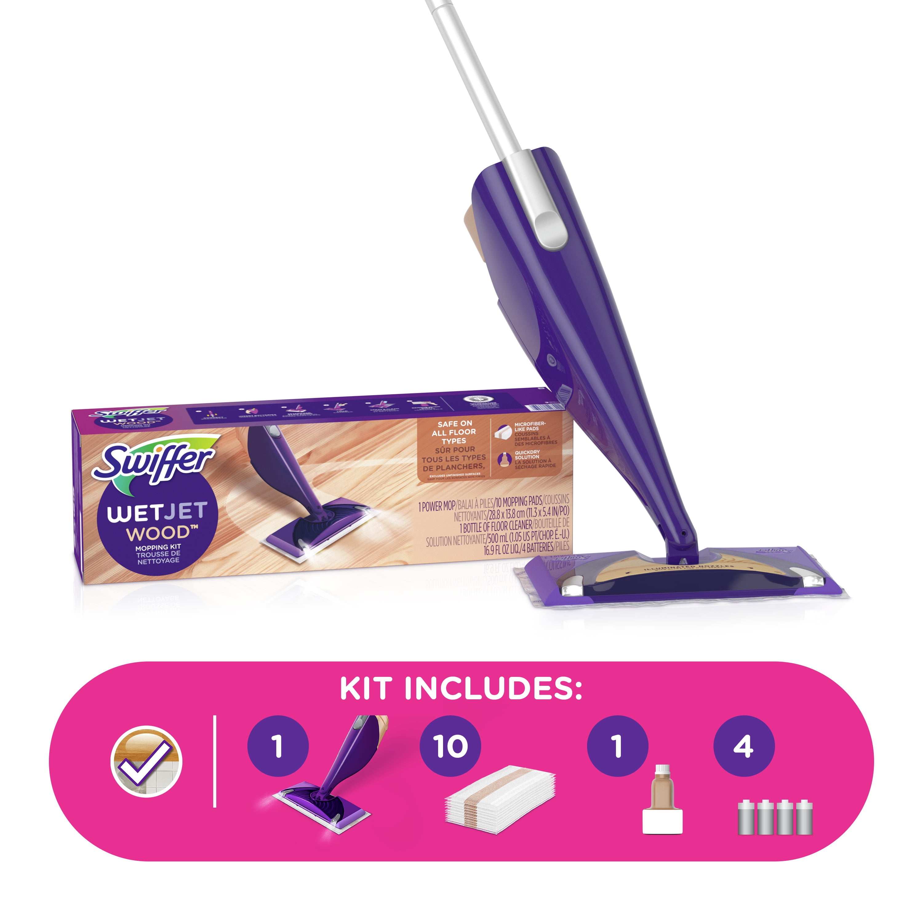 Swiffer WetJet Hardwood and Floor Spray Mop Cleaner Starter Kit, Includes:  1 Power Mop, 10 Pads, Cleaning Solution, Batteries