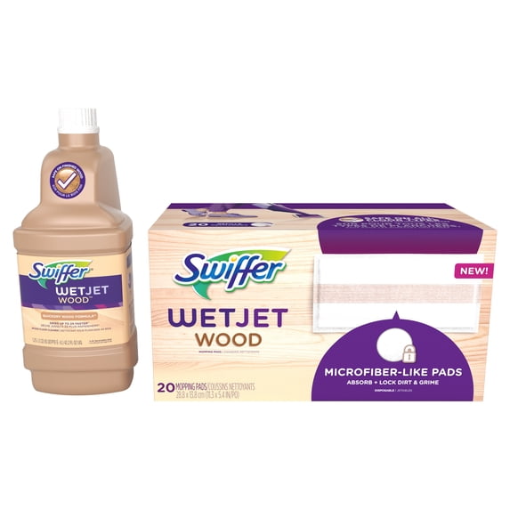 Swiffer Wet Jet Mop Refill Pack, Wood, Laminate, Tile, Floor Cleaner, 20 Pads + 1 Wood Solution