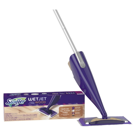 Swiffer WetJet Wood Mop Starter Kit (1 Mop, 5 Pads, 1 Floor Cleaning Solution)