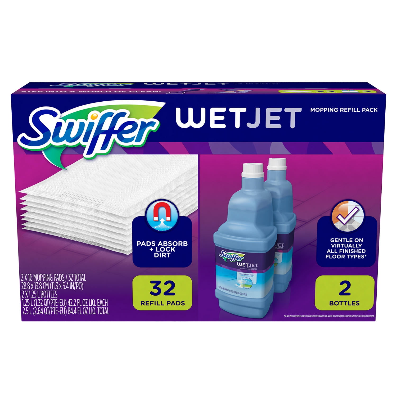 Swiffer Wetjet Mopping Refill Pack (32 Refill Pads + 2 Bottles Of Cleaner, 1.25 L Ea.)