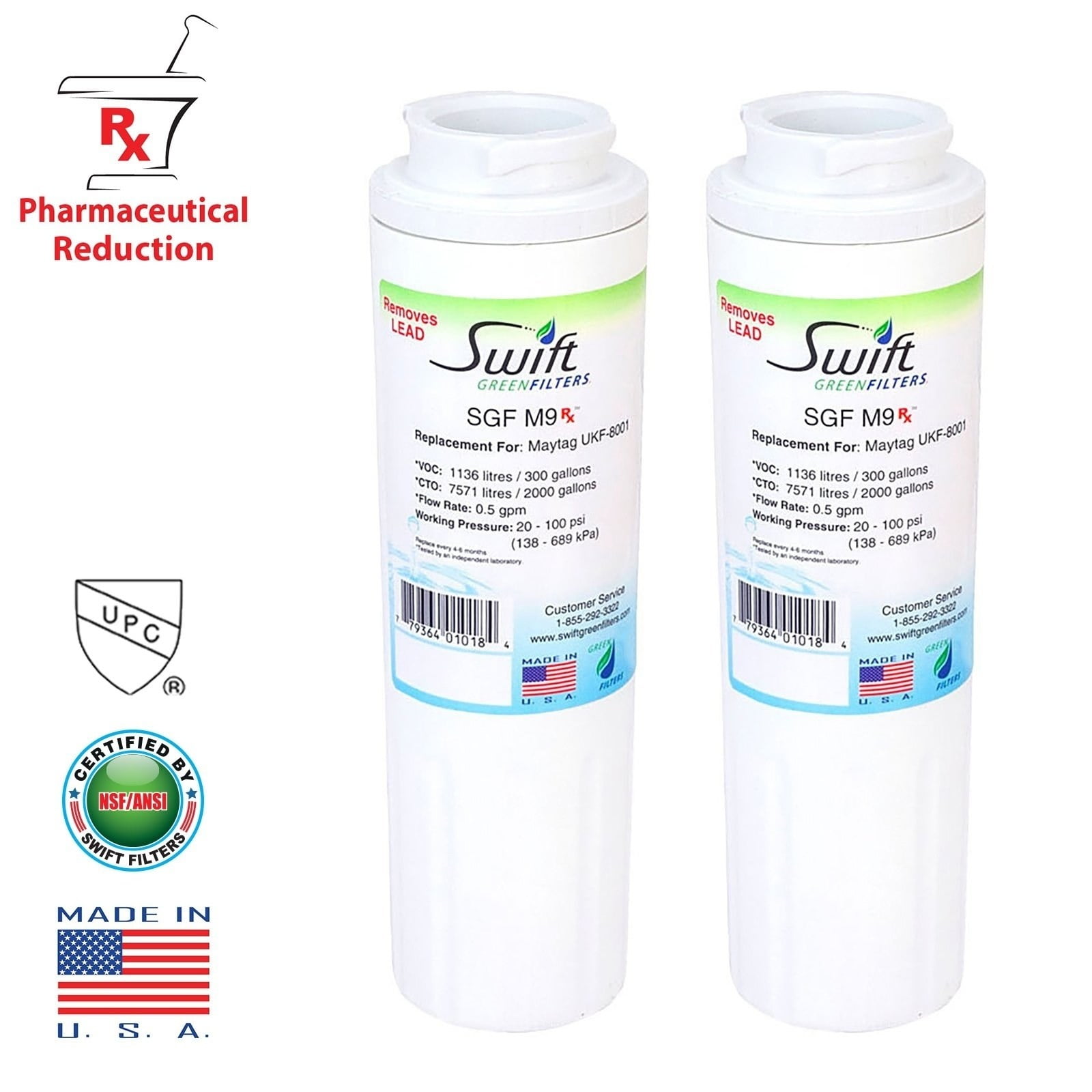 Swift Green Filters SGF-M9 Rx Compatible Refrigerator Water Filter for UKF8001, EFF-6007A (2 Pack)