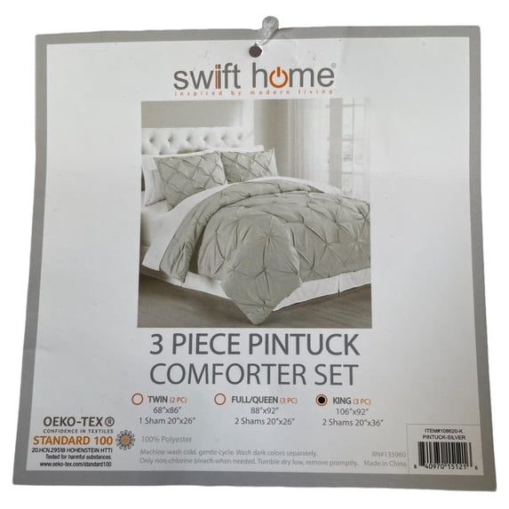 Swift Home 3 Piece Pintuck Comforter Set, Silver, King