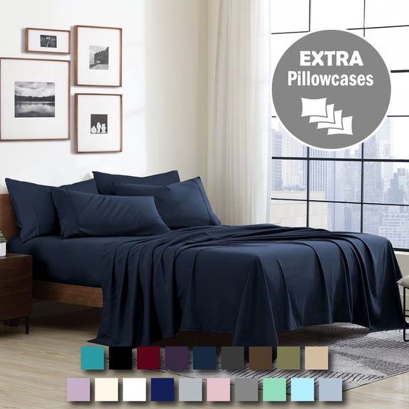 Swift Home 6-Piece Soft Lightweight Navy Microfiber Sheet Set with Extra Pillowcases, Queen