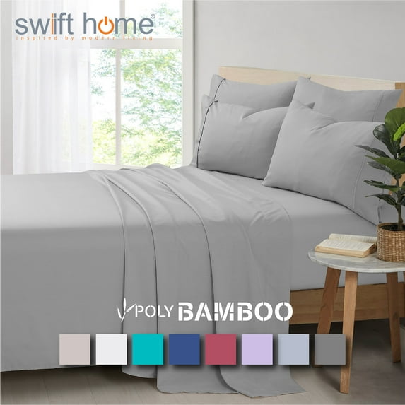 Swift Home Bonus Pillowcases Eco Friendly Bamboo Blend Sheet Set, 6 PC, Queen, Light Gray