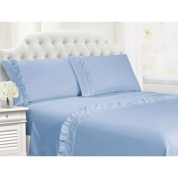Swift Home Home Essential Luxurious Silky Ruffle Hem Microfiber Bedding Sheet Set Blue Bell Twin