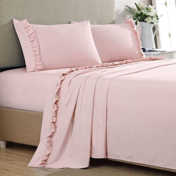 Swift Home Home Essential Luxurious Silky Ruffle Hem Microfiber Bedding Sheet Set Rose Twin