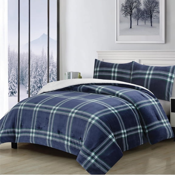 Swift Home Home Essential Reversible Flannel Plush & Sherpa 3-Piece Winter Bedding Comforter Set Navy King - Cal King