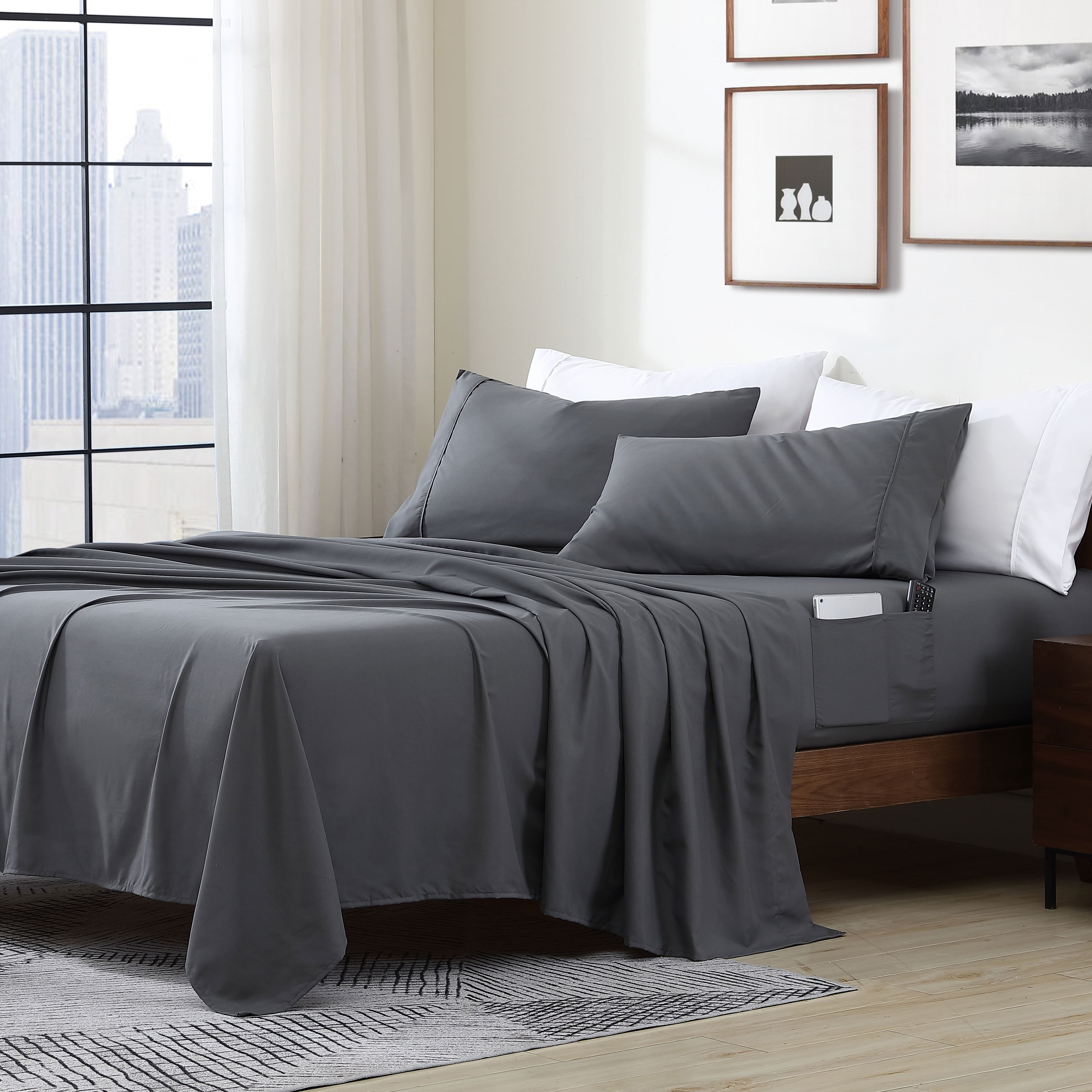 Gray Queen Microfiber Sheet Set with Smart Storage Pockets