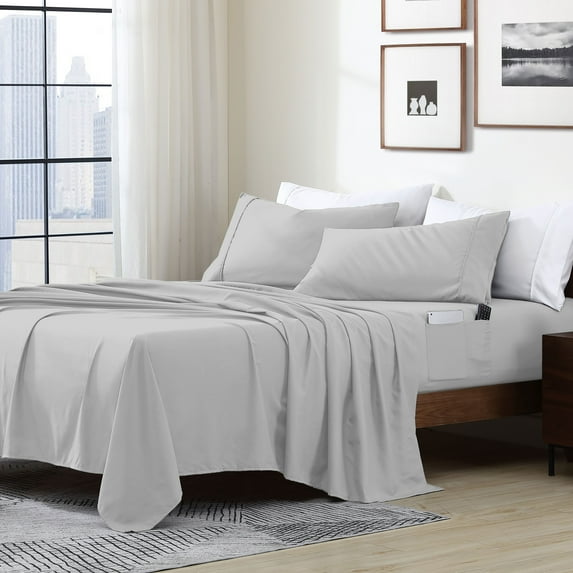 Swift Home Home Essential Soft Microfiber Smart Sheet Storage Pocket Bedding Sheet Set Silver Twin