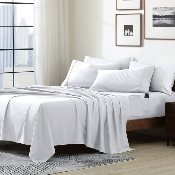 Swift Home Home Essential Soft Microfiber Smart Sheet Storage Pocket Bedding Sheet Set White Full