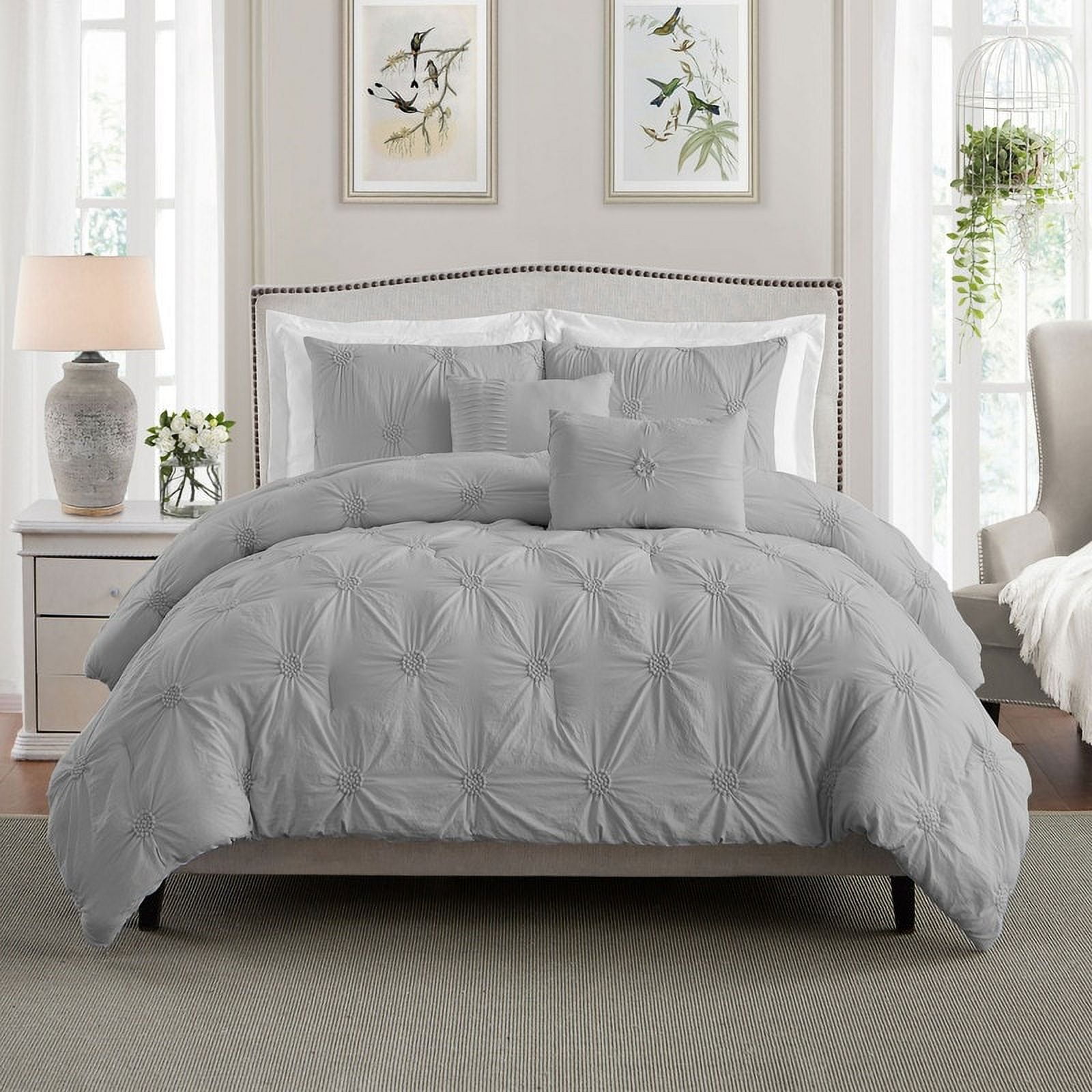 Gray Full Microfiber Floral Pintuck Comforter Set