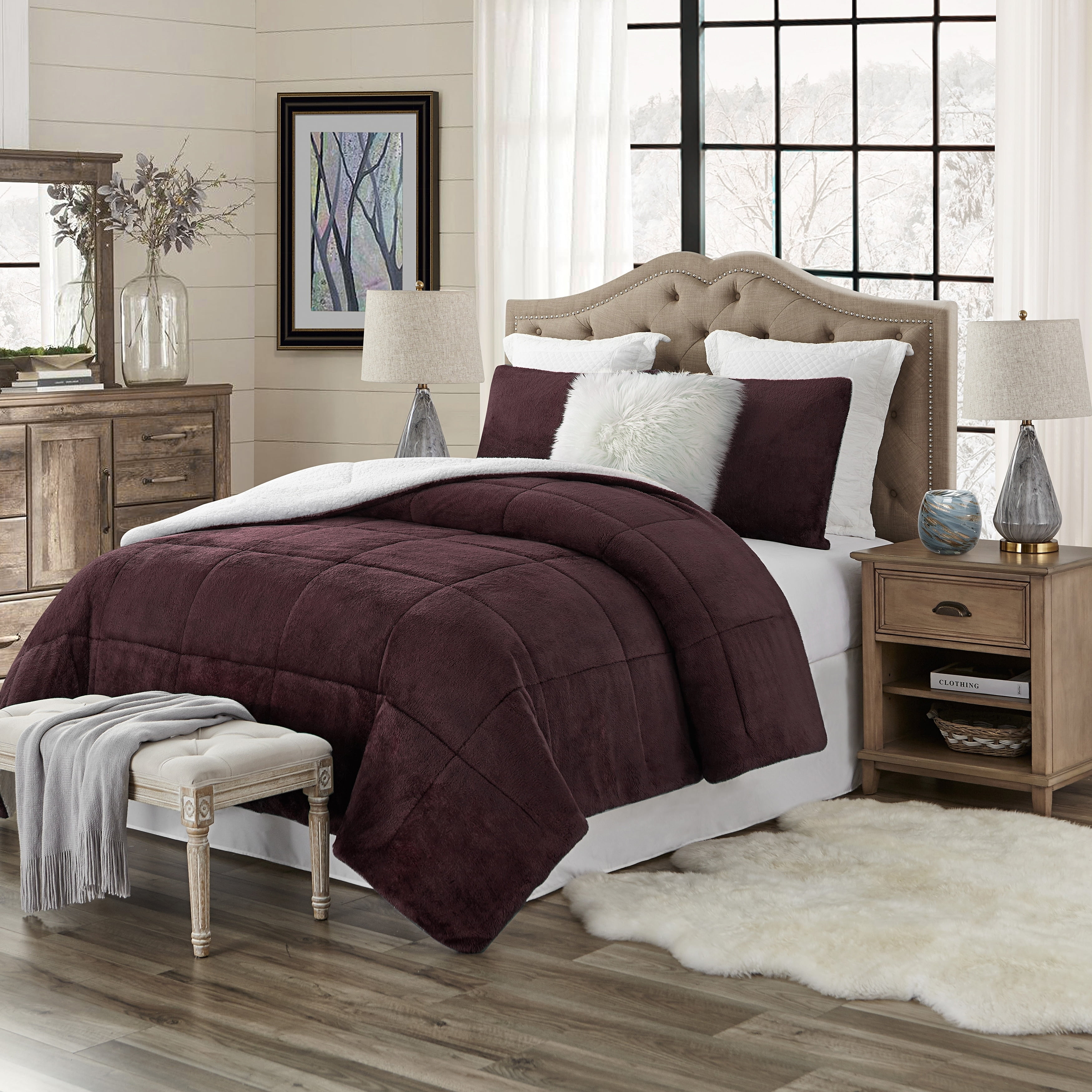 King Wine Faux Fur and Sherpa Reversible Comforter Set