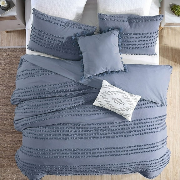 Swift Home Marilla 100% Cotton Clipped Dots Stripes Jacquard 5-Piece Bedding Comforter Set Faded Denim - Oversized King