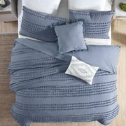 Swift Home Marilla 100% Cotton Clipped Dots Stripes Jacquard 5-Piece Bedding Comforter Set Faded Denim - Queen