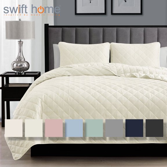 Swift Home 3PC Reversible Diamond Stitch Soft Quilt & Sham Set, Ivory, King/Cal King