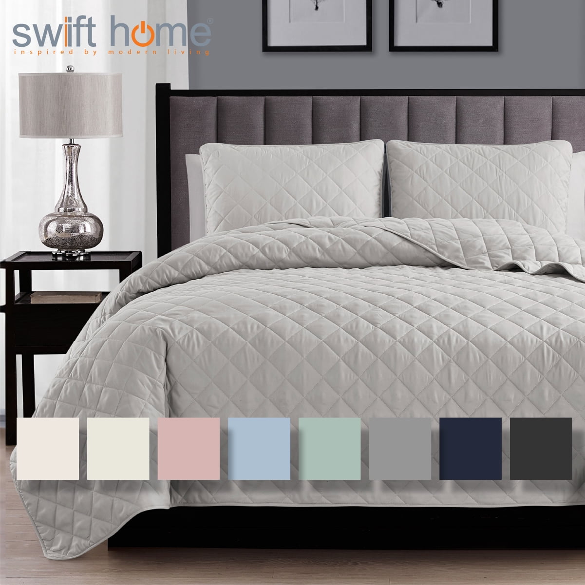 Light Grey Full Microfiber Diamond Quilted Reversible Quilt Set