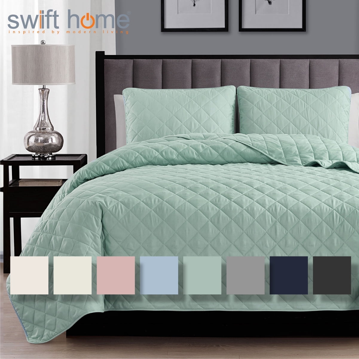 Sage Green Microfiber Diamond Stitched Full Quilt Set