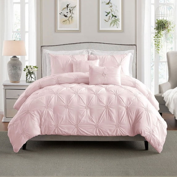 Swift Home Premium Bedding Set Collection 2-Piece Ruched 3D Floral Pintuck Comforter Set – Rose Blush, Twin/Twin XL (68”x90”)