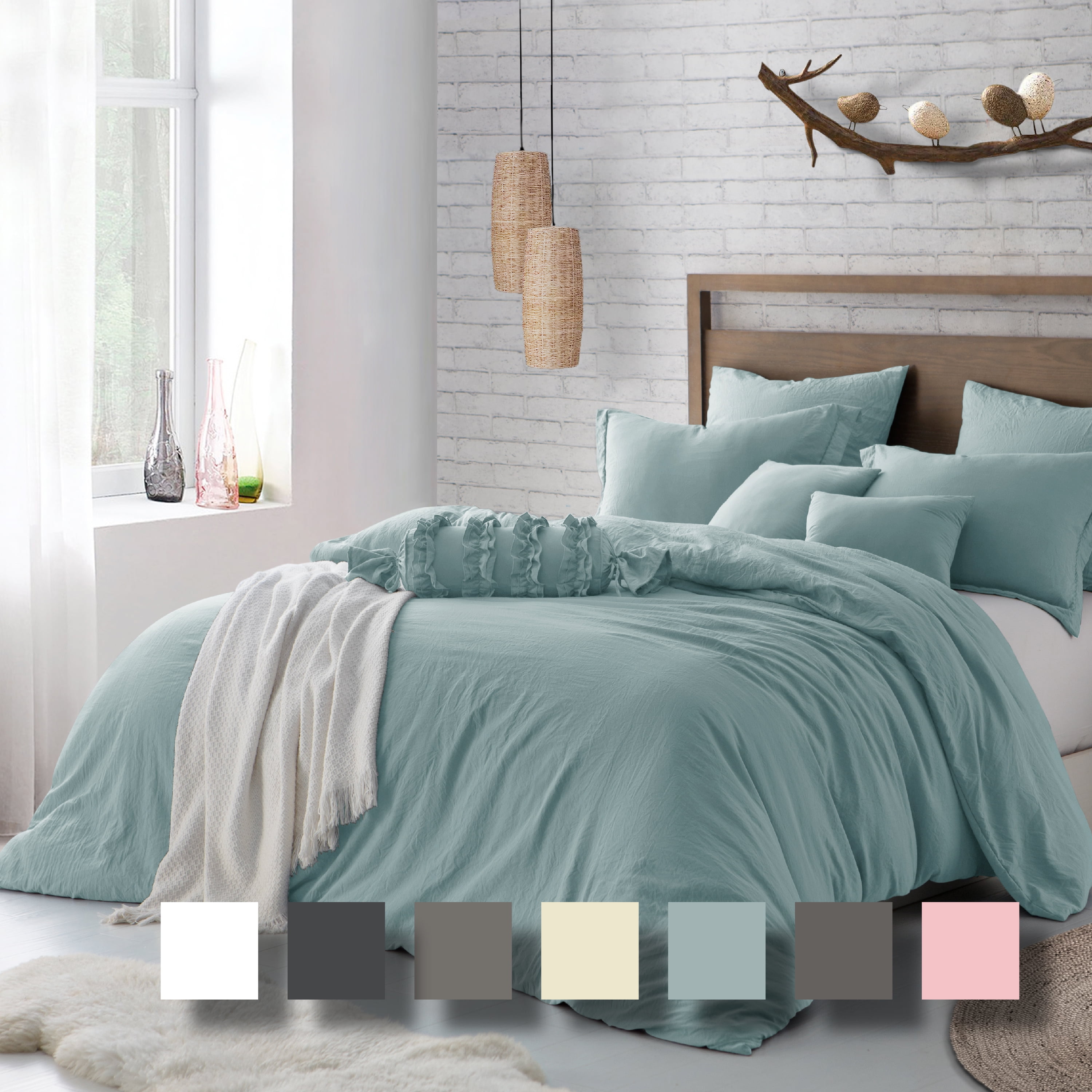 Swift Home Ultra Soft Crinkled Texture Pre-Washed Duvet Cover & Sham Set (Comforter not Included), Full/Queen (90"x 90"), Dusty Mint