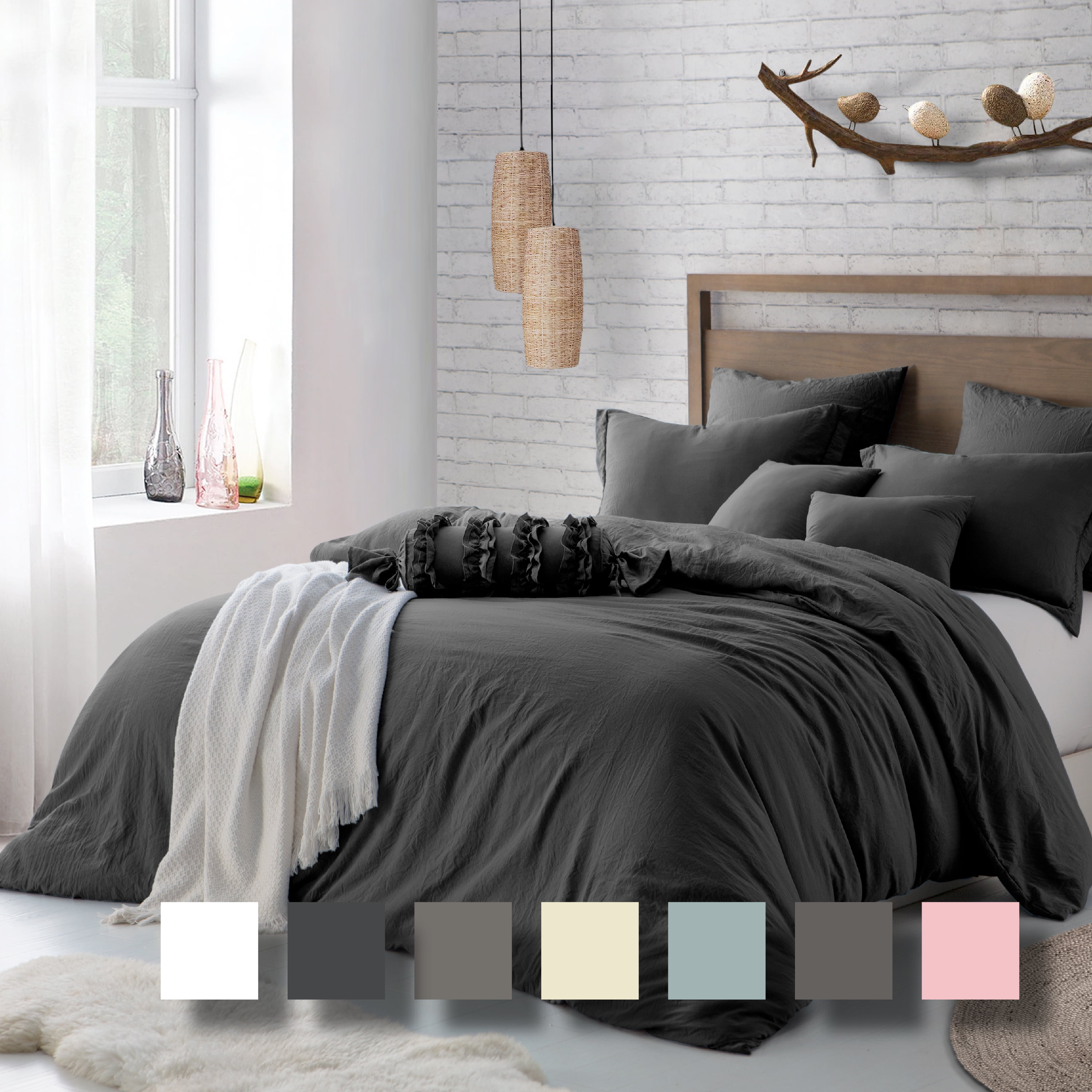 Charcoal Gray Twin/Twin XL Microfiber Crinkle Duvet Cover Set