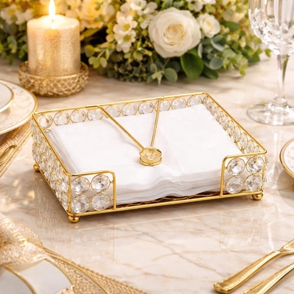 Swift Kart Crystal Napkin Paper Holder Facial Tissues Napkin Organizer Mails Letters Cards Holder Cast Standing for Dinner Table Dresser Home Deco Office (Gold)