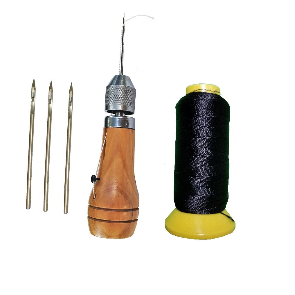 Walmeck Leather Stitching Tool Hand Stitcher Sewing Awl Upholstery Stitching Sewing Tool with 1 Pcs Wax Thread 2 Pcs Neddles for Leather Fabric, Size