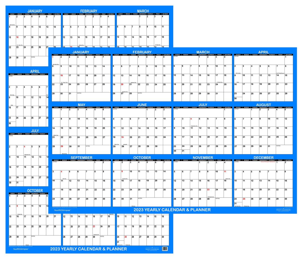 SwiftGlimpse 18" x 24" Yearly 2026 Wall Calendar, Erasable, Reversible, Horizontal-Vertical, Blue