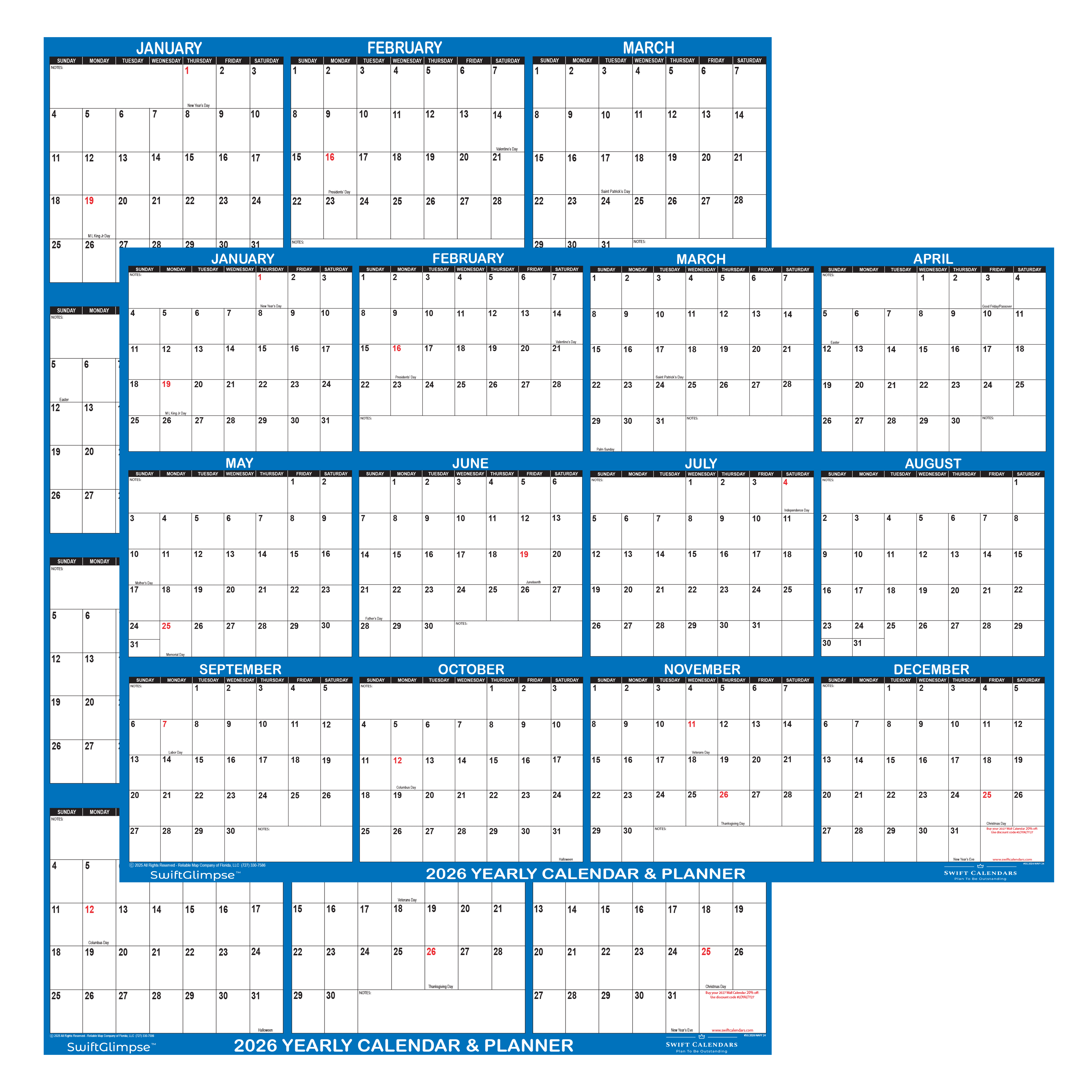 SwiftGlimpse 24" x 36" Yearly 2026 Wall Calendar, Erasable, Reversible, Horizontal-Vertical, Navy