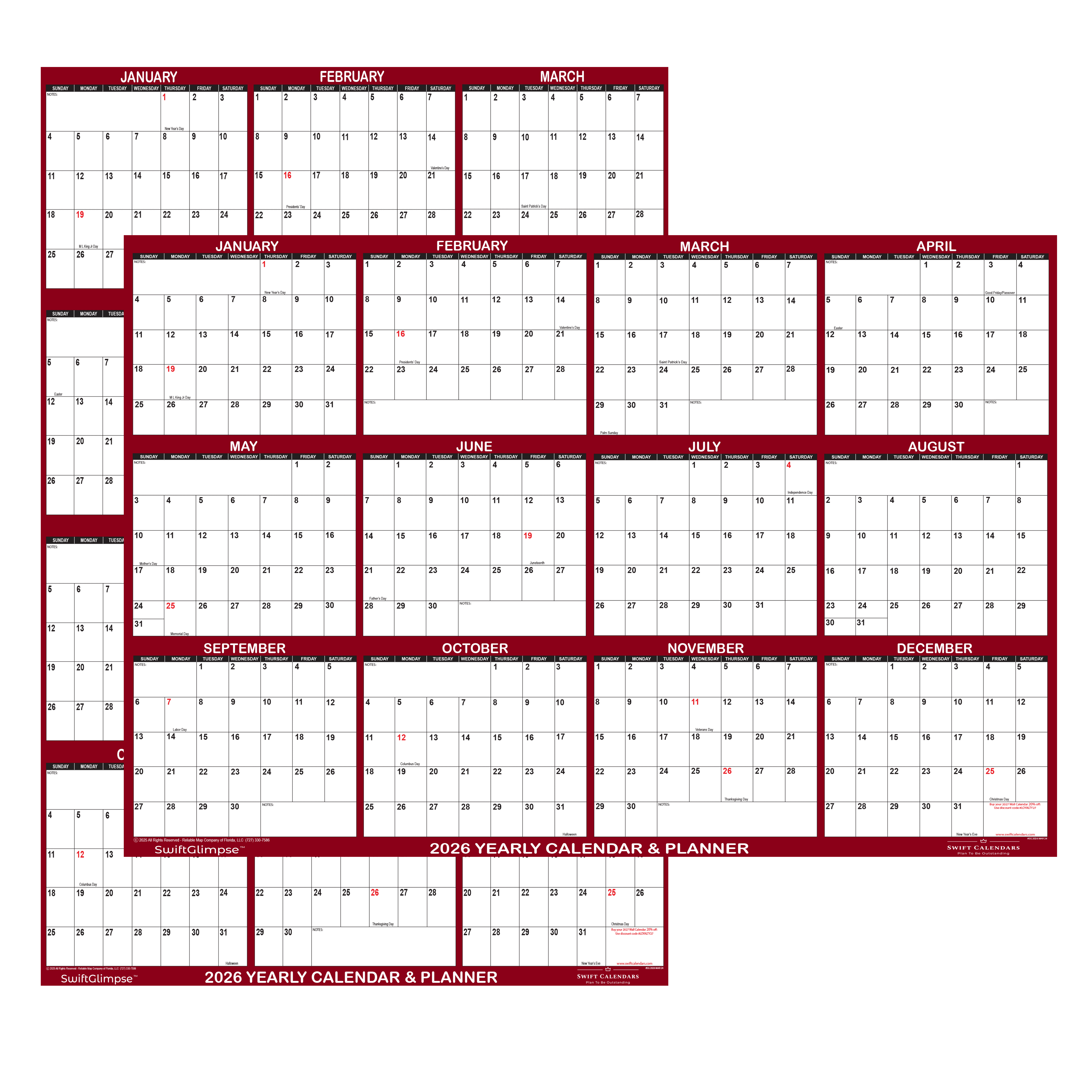 SwiftGlimpse 32" x 48" 2026 Wall Calendar, Erasable, Reversible, Maroon