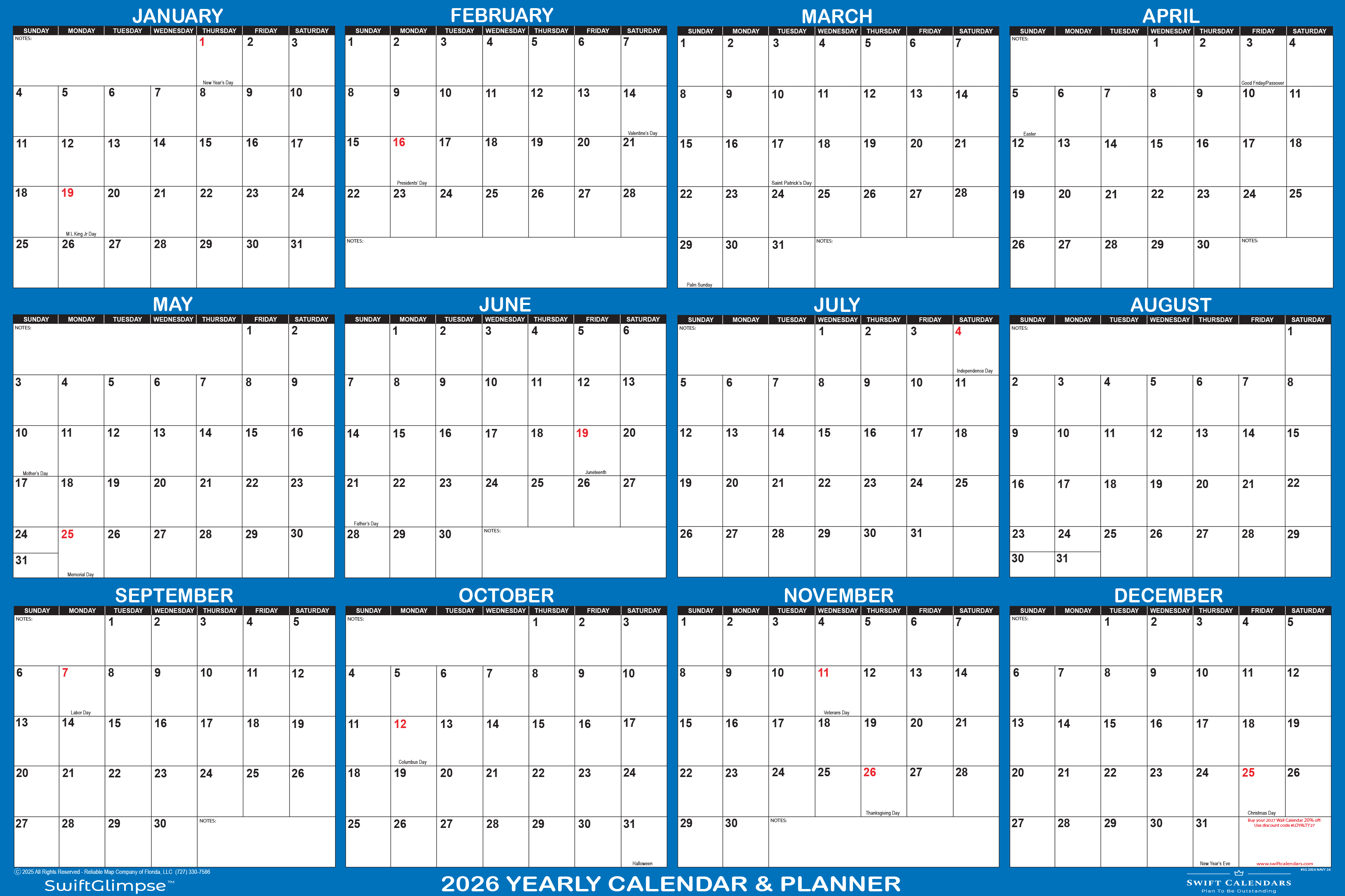 SwiftGlimpse 48" x 72" Yearly 2026 Wall Calendar, Erasable, Reversible, Horizontal-Vertical, Navy
