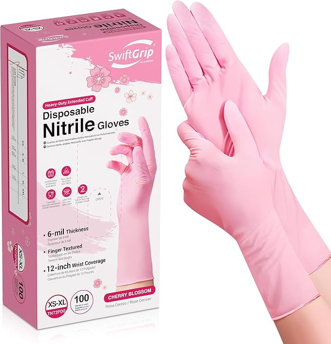 SwiftGrip Disposable Nitrile Dishwashing Gloves, Extended 12 Inches Cuff, 6-mil, Small, Cherry Blossom Cleaning Gloves for Latex-Free, Ideal for Cooking, Hair Dye, Spa (Box of 100)