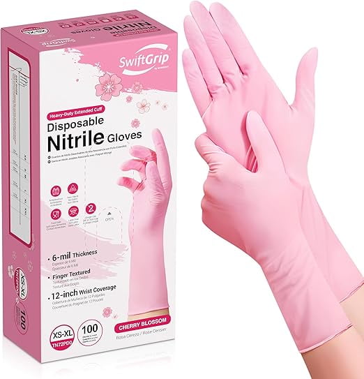 SwiftGrip Disposable Nitrile Dishwashing Gloves, Extended 12 Inches Cuff, 6-mil, Small, Cherry Blossom Cleaning Gloves for Latex-Free, Ideal for Cooking, Hair Dye, Spa (Box of 100)