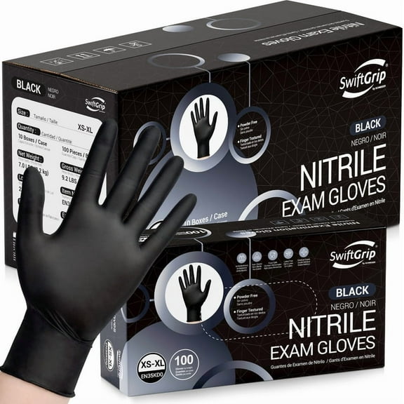 SwiftGrip Black Nitrile Gloves, Non-latex, Powder-Free Disposable Gloves for Cooking, Cleaning, Food Prep, 1000ct Case, Medium