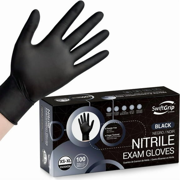 SwiftGrip Black Nitrile Gloves, Non-latex, Powder-Free Disposable Gloves for Cooking, Cleaning, Food Prep,100ct Box, Medium