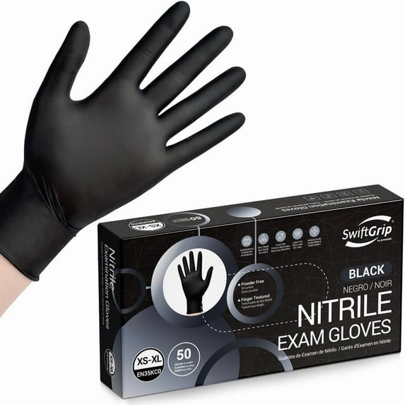 SwiftGrip Disposable Nitrile Exam Gloves, Black Nitrile Gloves Disposable Latex Free for Medical, Cooking & Esthetician, Food-Safe Rubber Gloves, Powder Free, Non-Sterile, 50-ct Box (XL)