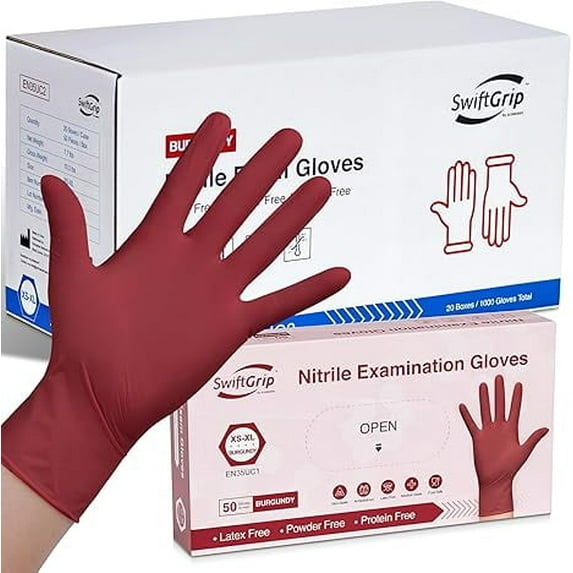 SwiftGrip Disposable Nitrile Exam Gloves, Large, Case of 1000, Burgundy, Latex-Free, Powder-Free, 3mil, Medical Grade, Food Safe, Non Sterile