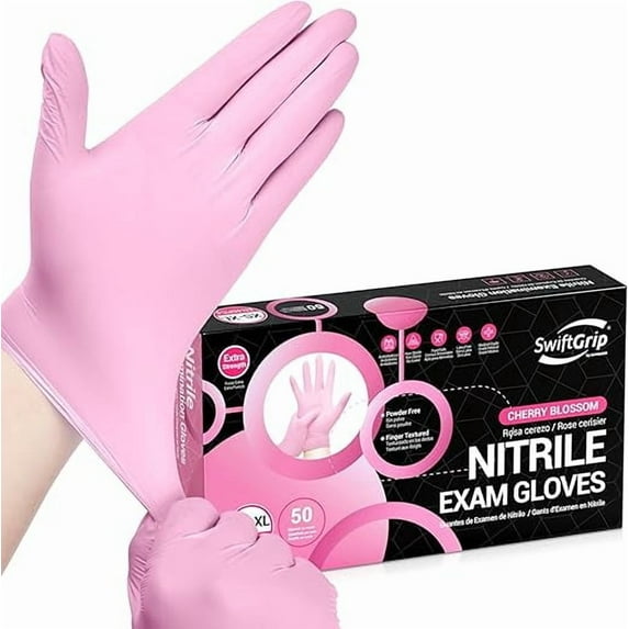SwiftGrip Nitrile Exam Gloves, 4 Mil, X-Large, Cherry Blossom, Food Safe Gloves Disposable Latex Free, Powder Free for Cleaning Supplies, Esthetician, Hair Dye, Tattoo Supplies (Box of 50)