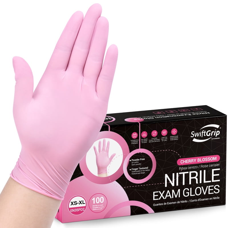 SwiftGrip Pink Nitrile Gloves, 3-mil, Industrial Gloves Disposable Latex Free, for Cleaning & Esthetician, Rubber Powder-Free, 100-ct Box, Large (Pack of 100)