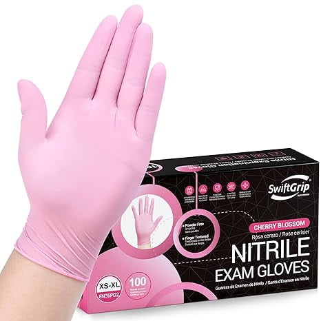 SwiftGrip Pink Nitrile Gloves, 3-mil, Industrial Gloves Disposable Latex Free, for Cleaning & Esthetician, Rubber Powder-Free, 100-ct Box (Medium) Medium (Pack of 100)