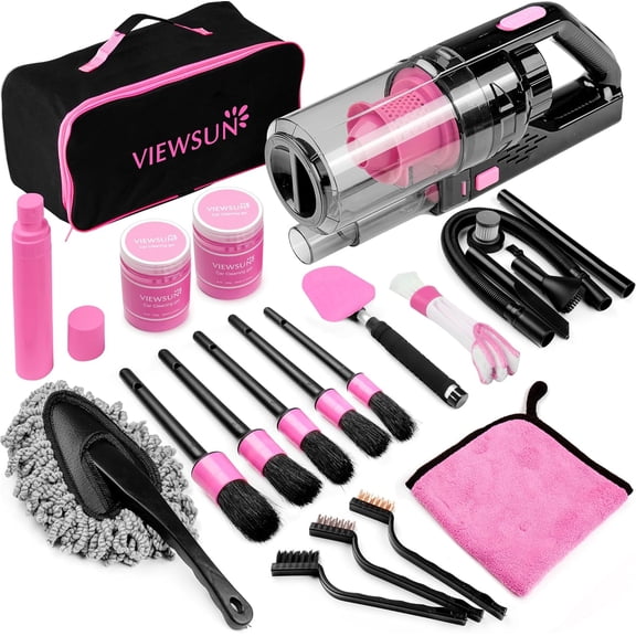 SwiftPulse 17pcs Car Cleaning Kit, Pink Car Interior Detailing Kit with High Power Handheld Vacuum, Detailing Brush Set, Windshield Cleaner, Cleaning Gel, Complete Auto Accessories for Women Gift